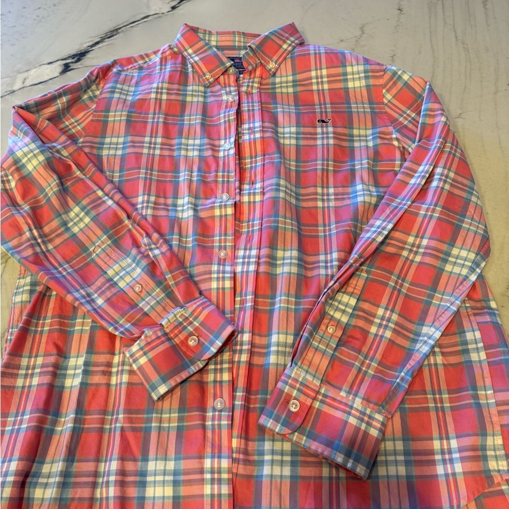 Vineyard Vines Men's Plaid Shirt - Coral and Sky